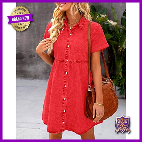Short Sleeve Button Down Flowy Tiered Babydoll Denim Dress Casual Chic - Picture 5 of 7